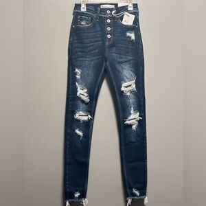 KanCan High Rise Distressed Button Fly Denim Blue Jeans
Size 23 Long